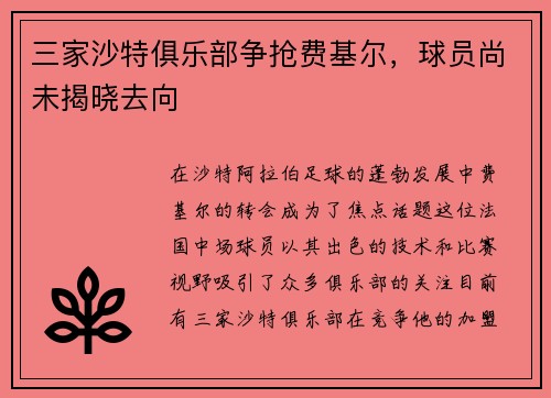 三家沙特俱乐部争抢费基尔，球员尚未揭晓去向