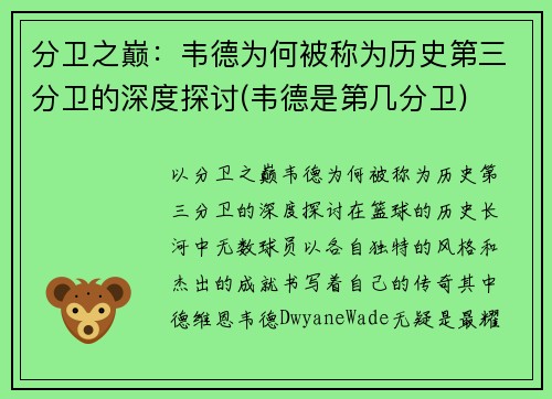 分卫之巅：韦德为何被称为历史第三分卫的深度探讨(韦德是第几分卫)