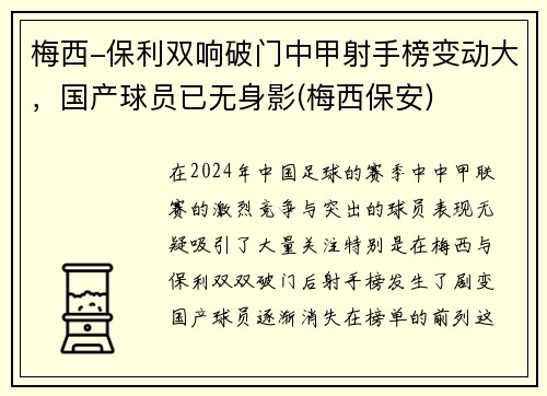 梅西-保利双响破门中甲射手榜变动大，国产球员已无身影(梅西保安)