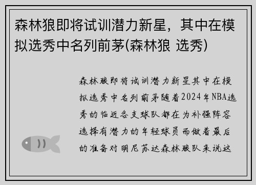 森林狼即将试训潜力新星，其中在模拟选秀中名列前茅(森林狼 选秀)