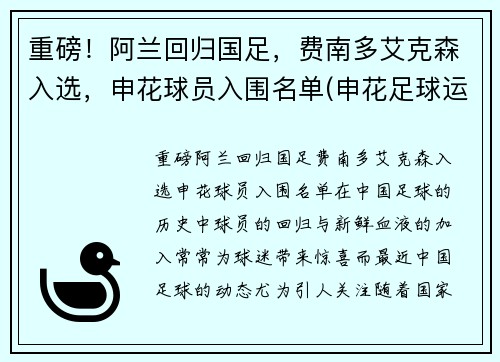 重磅！阿兰回归国足，费南多艾克森入选，申花球员入围名单(申花足球运动员)